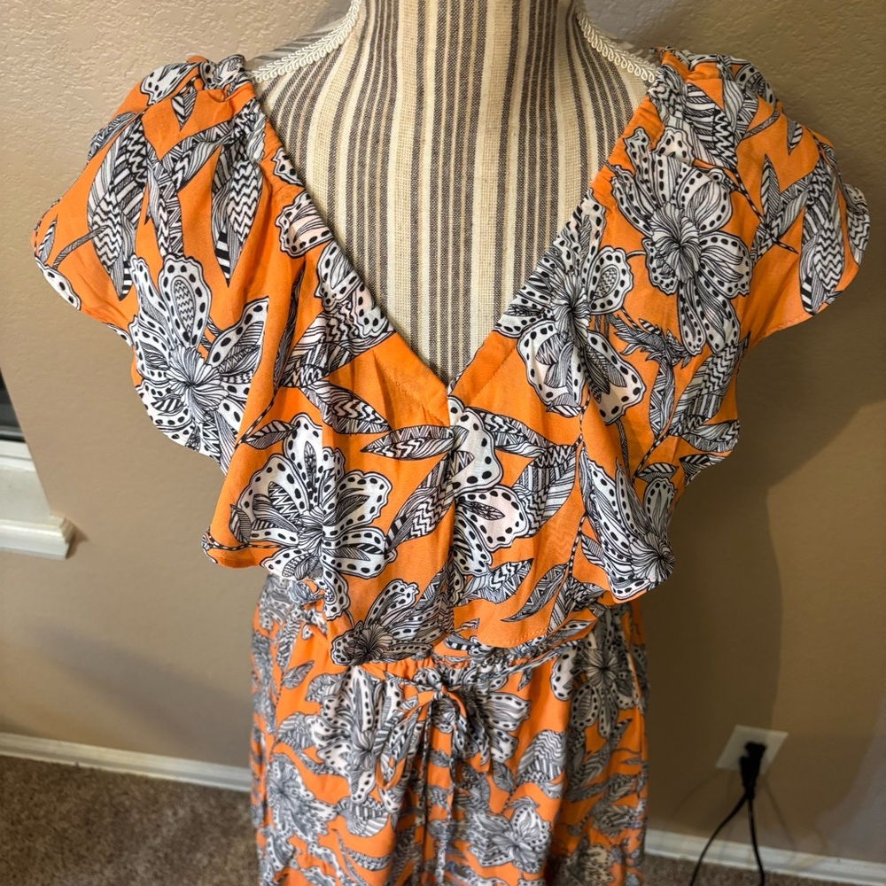 SALE! LOFT Dress XS Orange Black White Floral Mini Retro Ruffle Elastic Neckline - Picture 4 of 16